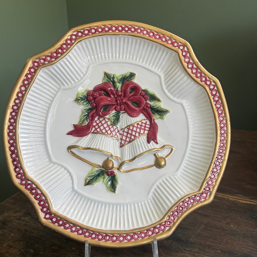 Fitz and Floyd Essentials Christmas Bells Decorative Plate Red Gold Holiday